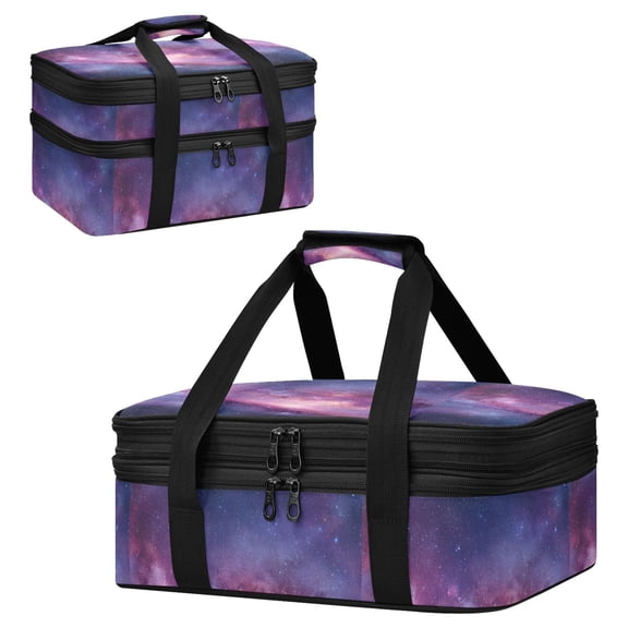 Large Double Decker Insulated Casserole Carrier Expandable 2-Layer Thermal Food Tote Bag Fluffy Stardust Galaxy Hot Cold Pizza Lasagna Holder for Potluck Picnic Party Camping