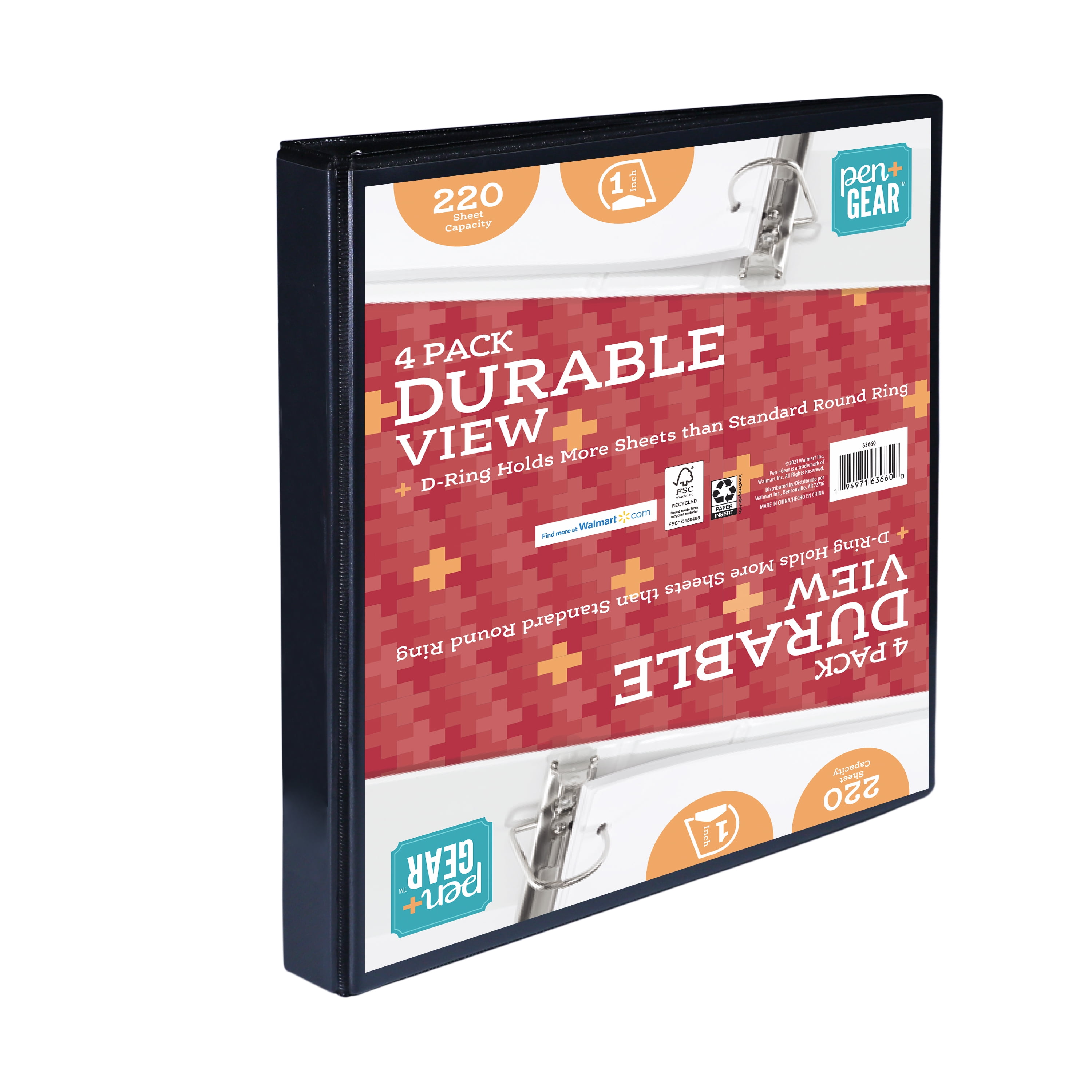 Pen+Gear Durable View 3-Ring Binder with 1-inch Rings 4-Pack (Black)