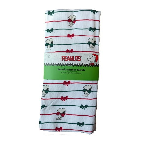 Peanuts 3 Pack 100% Cotton Kitchen Towels Christmas Snoopy Bows
