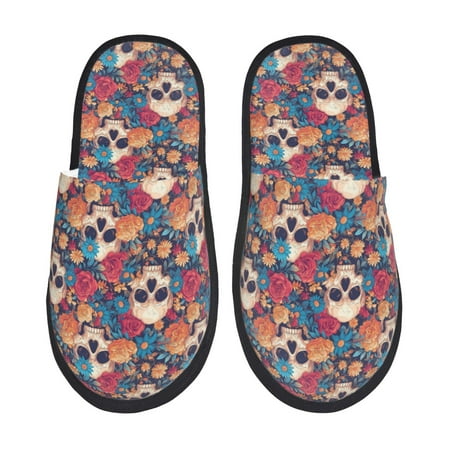 Balery colorful Skull rose Slient Indoor Furry Fleece Comfort House Shoes Soft Non-Slip Home Shoes Cotton slippers House Slippers-- Medium