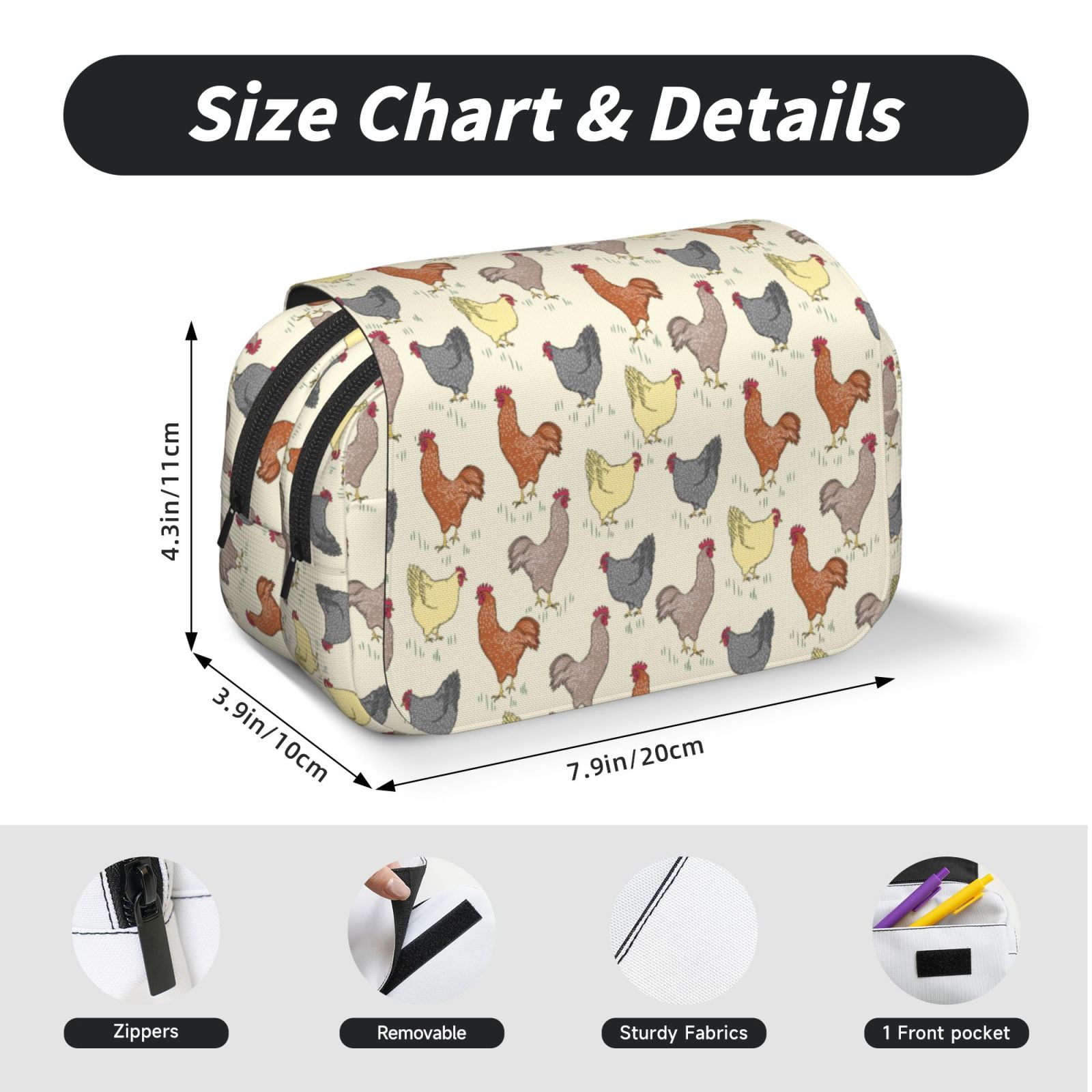 Rateoe Funny Chicken Pattern Double Clamshell Pen Case, Storage Organizer with Two Zipper Compartments– Holds Up to 50 Pencils & Pens