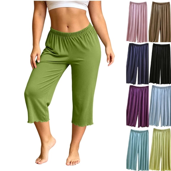 Bovxnpu Women's Pajama Bottoms Cotton Cropped Straight Wide Leg Elastic Waist Pant Sleepwear