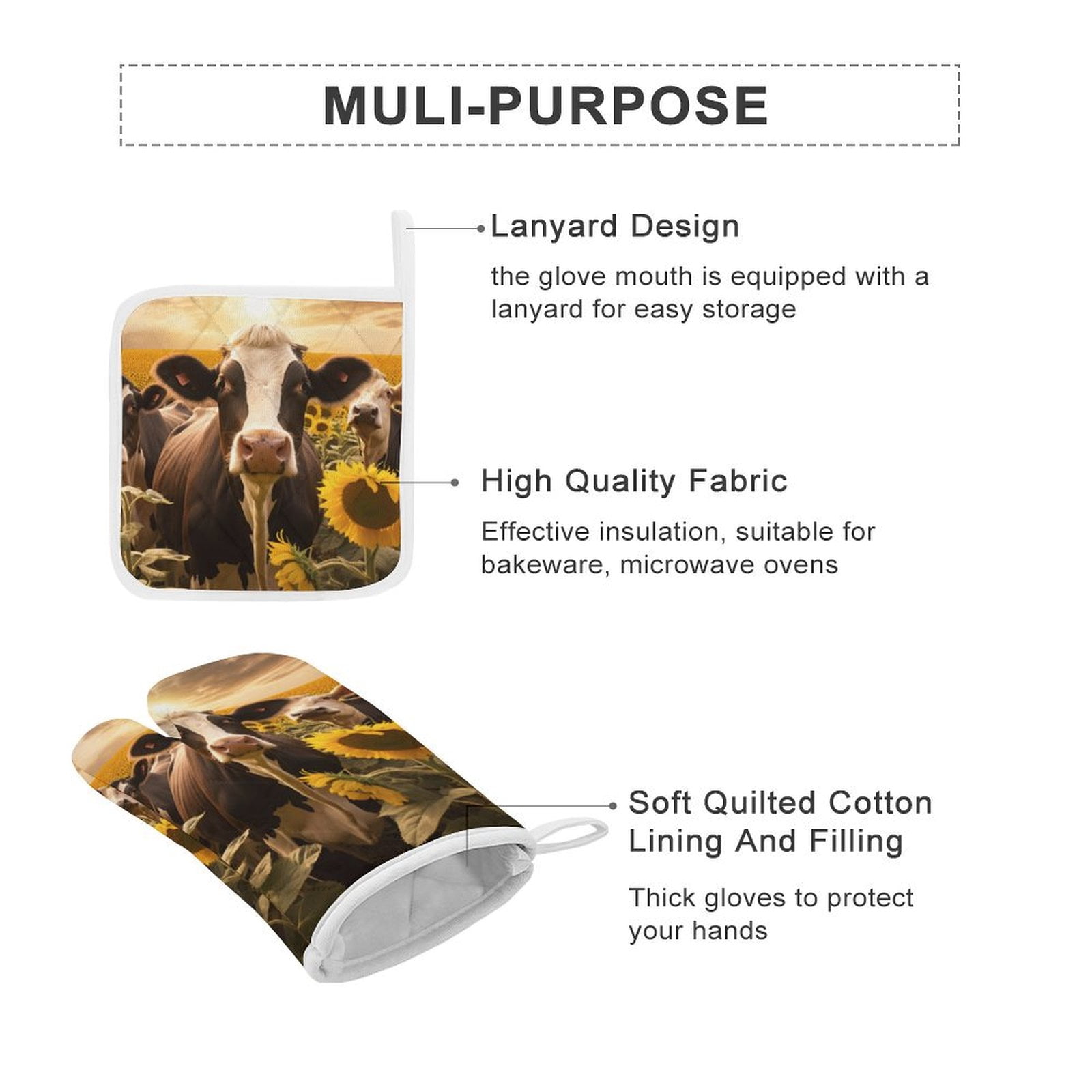 Farm Cows Oven Mitt And Pot Holder Set Oven Glove for Kitchen Baking Cooking Grilling