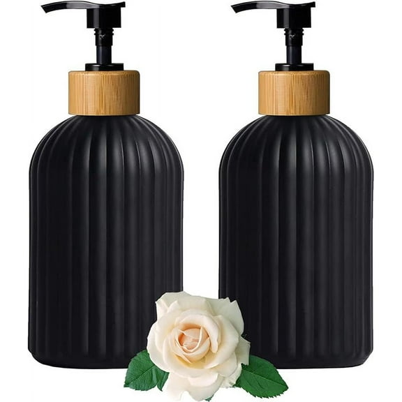 Green Glass Soap Dispenser Set With Black Pump, 13.5Oz Refillable Liquid Hand Soap Dispenser, Lotion Dish Soap Dispenser for Modern Home Decor, Bathroom, Kitchen Countertop, Hotel(2 Pack)