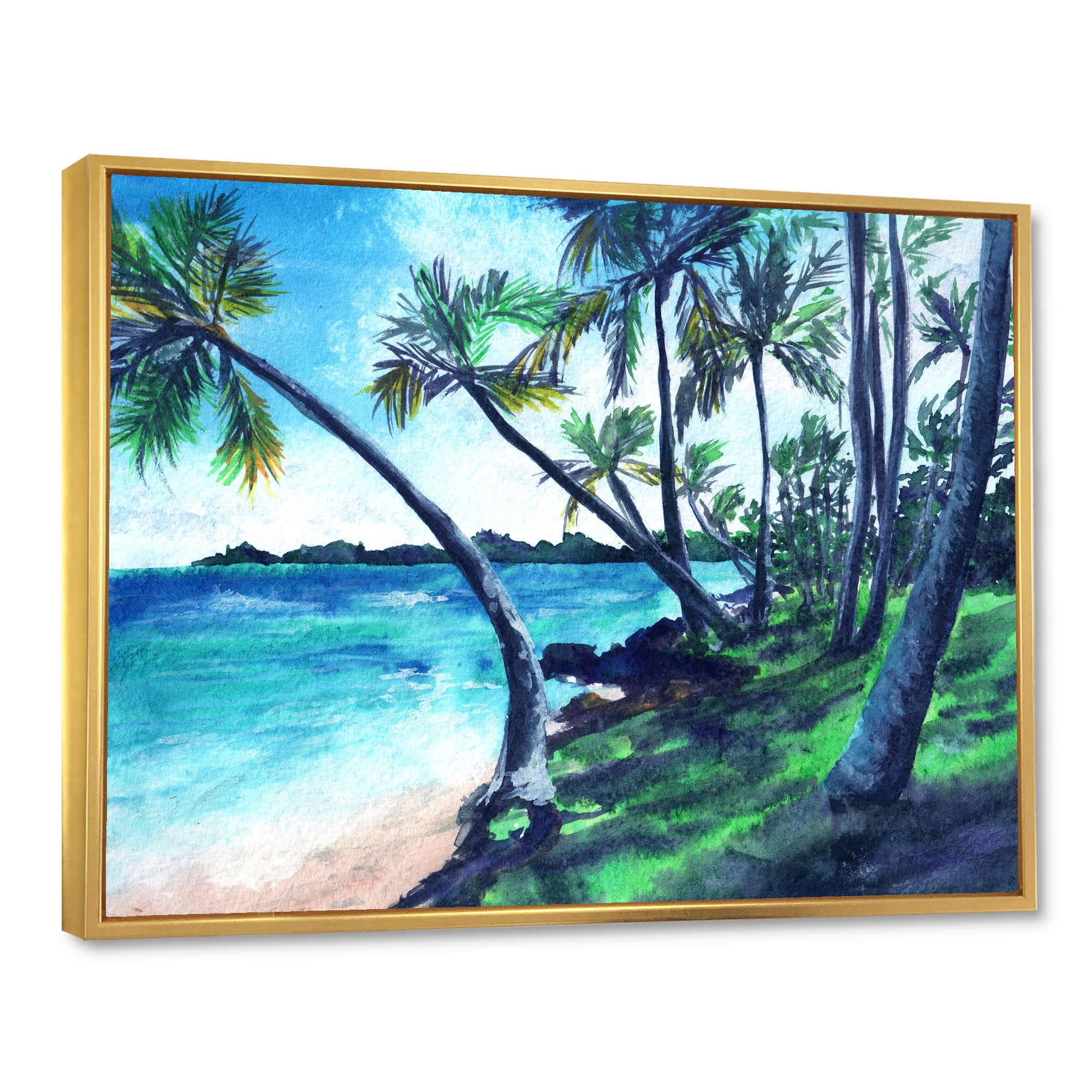 Designart 'Tropical Beach In Summer Paradise With Palm Trees' Nautical & Coastal Framed Canvas Wall Art Print