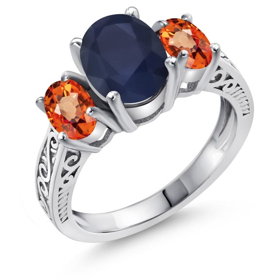 Gem Stone King 3.30 Cttw Oval Blue and Orange Sapphire 3-Stone Engagement Ring for Women | 925 Sterling Silver | Gemstone Birthstone | Three Stone Wedding Anniversary Promise Ring for Women | Size 9