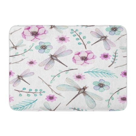 SIDONKU Colorful Dragonfly Watercolor Pink Flowers Dragonflies and Light Blue Leaves Doormat Floor Rug Bath Mat 23.6x15.7 inch