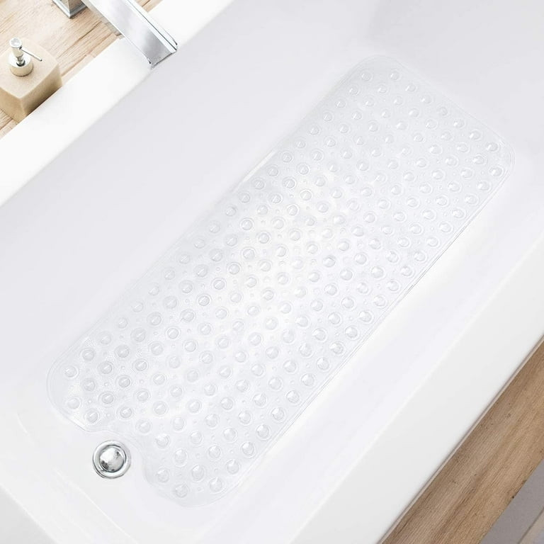 DEXI Bath Tub Shower Mat Non-Slip 16 x 39 Extra Long Bathtub Mats, Suction Cups, Drain Holes, Machine Washable Bathroom Mat, Clear Grey
