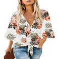 thumbnail image 1 of CHOK Women‘s Button Down V Neck Tops Ruffled 3/4 Sleeve Tie Knot Front Blouses White Sizes S-2XL, 1 of 3