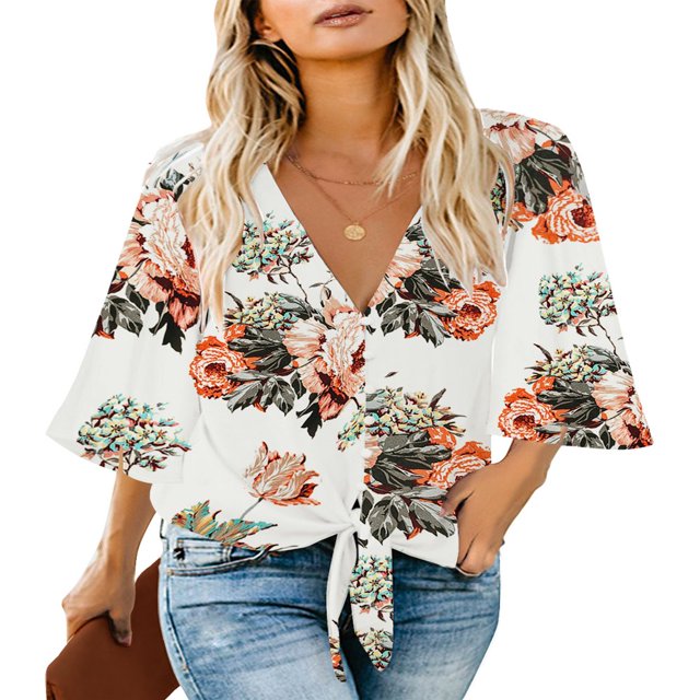 CHOK Women‘s Button Down V Neck Tops Ruffled 3/4 Sleeve Tie Knot Front Blouses White Sizes S-2XL