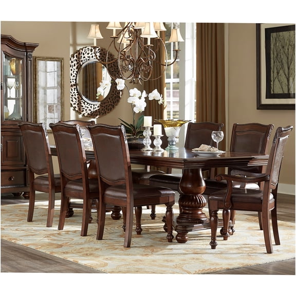 JERFIT 9-Piece Traditional Dining Set with Extension Leaf, Brown Cherry Finish Upholstered Wood Table and Chairs