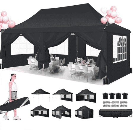 COBIZI 10x20 Pop up Canopy with 6 Removable Sidewalls Outdoor Waterproof Canopy Tents for Partie Wedding Instant Sun Protection Shelter with Upgrade Raised Roof and Carry Bag Black