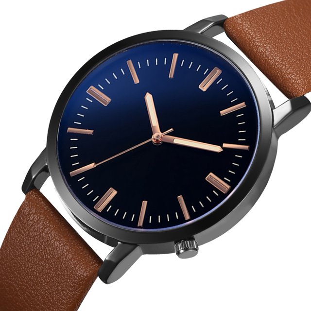 Reloj para hombre, correa de cuero de PU, esfera redonda grande, reloj de pulsera informal de cuarzo para hombre (marrón azul)