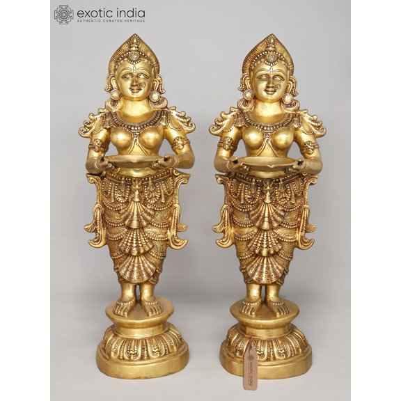 51 Inch Vibrant Deepalakshmi Pair Brass Sculpture Large Display