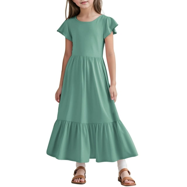 Robe d'Été Plissée à Manches Courtes Col Rond Ample Décontractée Fluide Superposée Extra Longue avec Poches