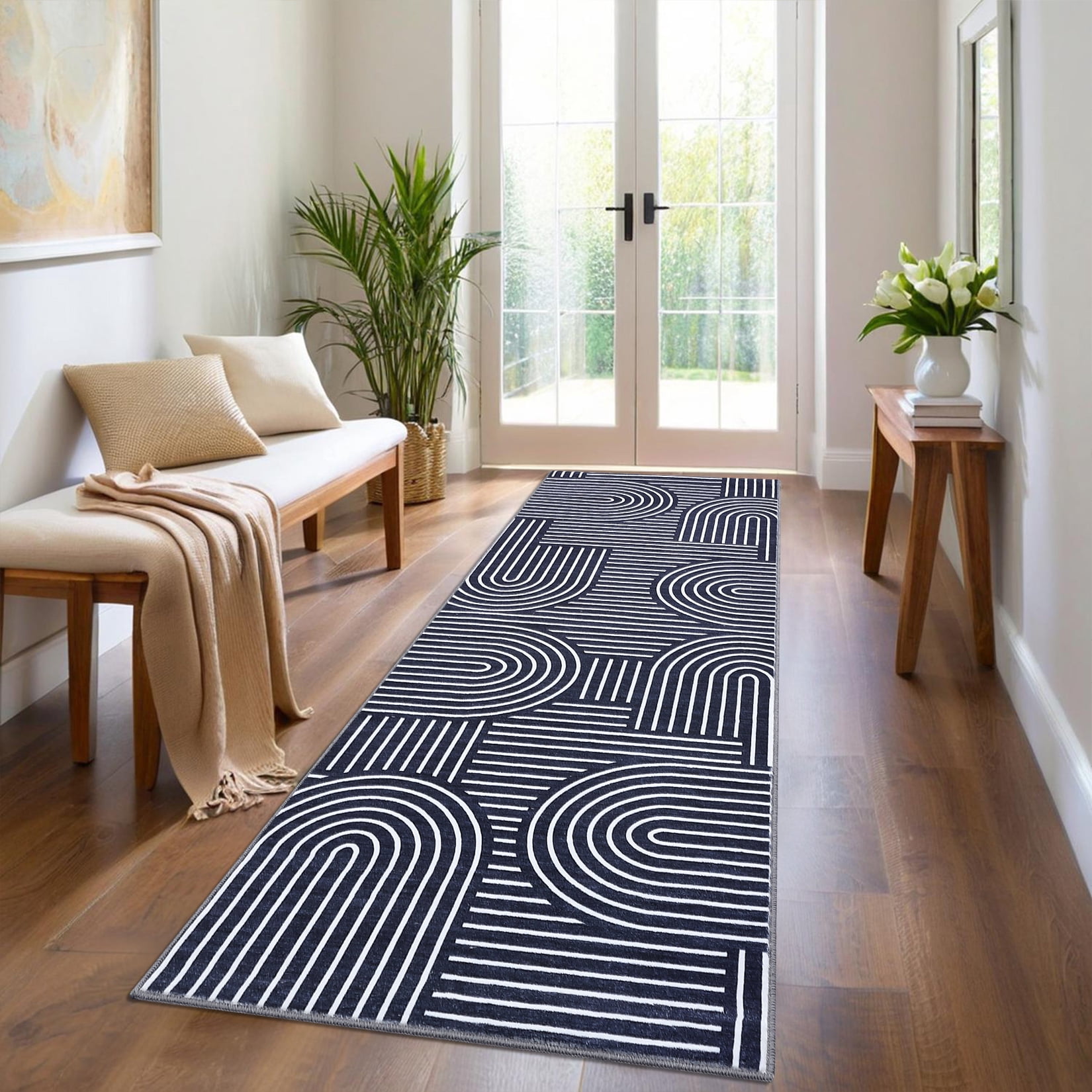 Hasoo 2'x 6' Navy Runner Rug Modern Strip Indoor Carpet Soft Non Slip Runner for Laundry Bathroom Entryway Bedroom