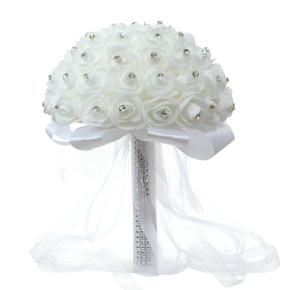 Birdeem Bridal White with Diamonds Hand Bouquet Rose Ribbon Wedding Wedding Ribbon