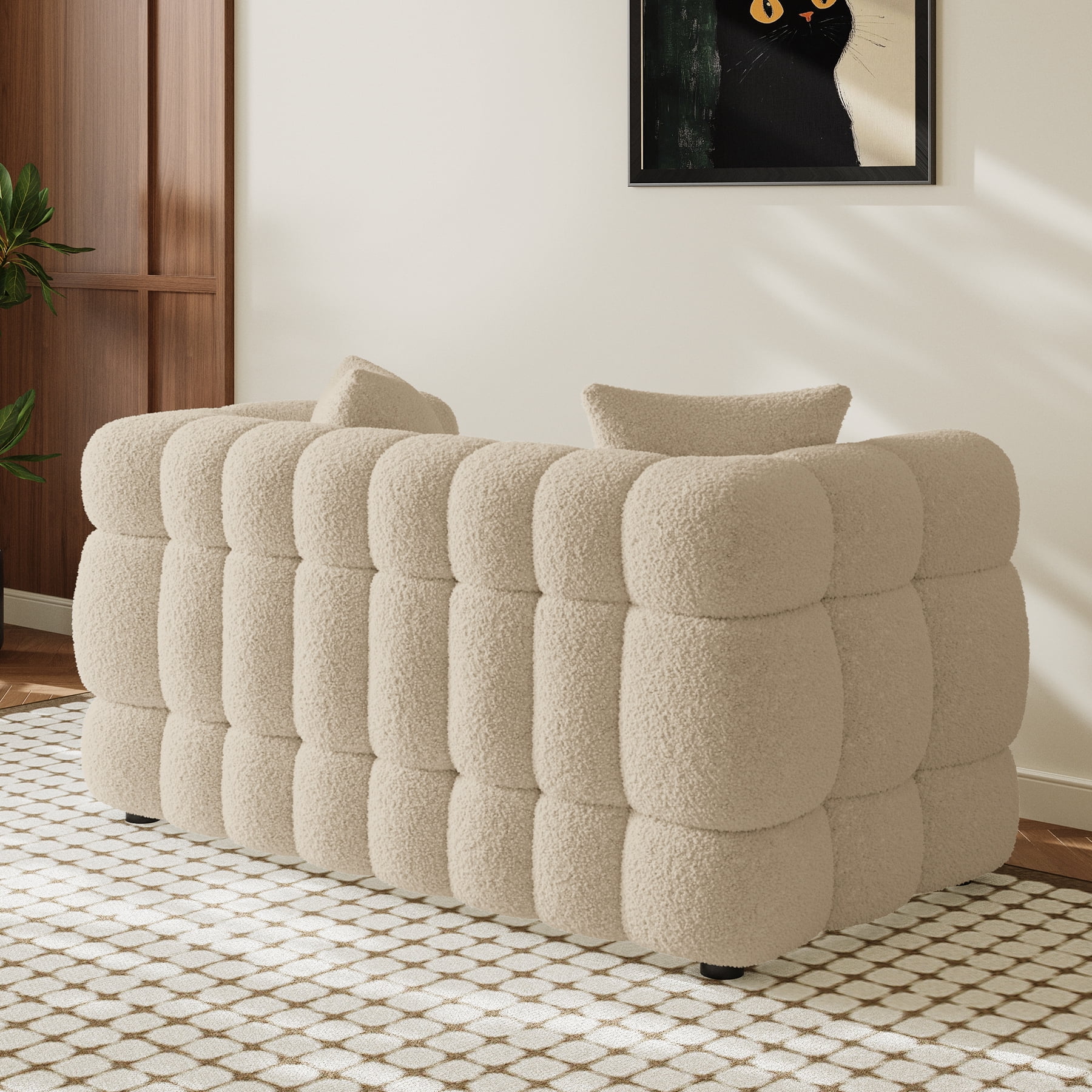 Wiilayok 59.1" Modern Tufted Upholstered 2 Seater Loveseat Sofa with 2 Pillows，Comfy Sherpa Deep Seat Cloud Couch, Small Love Seat for Living Room Apartment, Light Brown