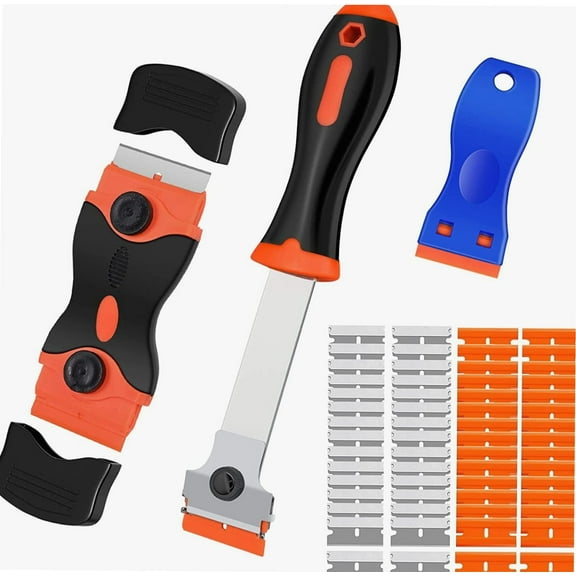 Razor Blade Scraper, 3 Pack Razor Scraper Tool with 50 Plastic and 30 Metal Razor Blades, Cleaning Scraper, for Removing Label, Registration Sticker, Tint, Grease from Windshield, Appliance, Glass