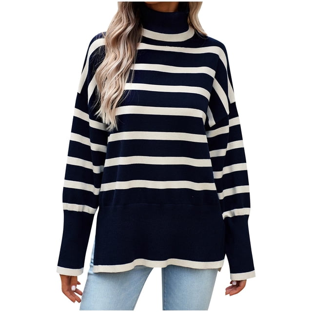 JMYHOAM Sweaters pour Femmes Chandail Décontracté à Manches Longues Col Roulé Fendu sur le Côté Tricoté Rayé Blouse Ample