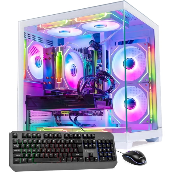 Evounic White Gaming PC Workstation – i7 Xeon 12-Core, GeForce RTX 4060 8GB GDDR6, 64GB RAM, 512GB NVMe 1TB HDD, WiFi 6 & BT 5.4, Liquid Cooled, 8× ARGB Fans, Windows 11, RGB Keyboard & Mouse