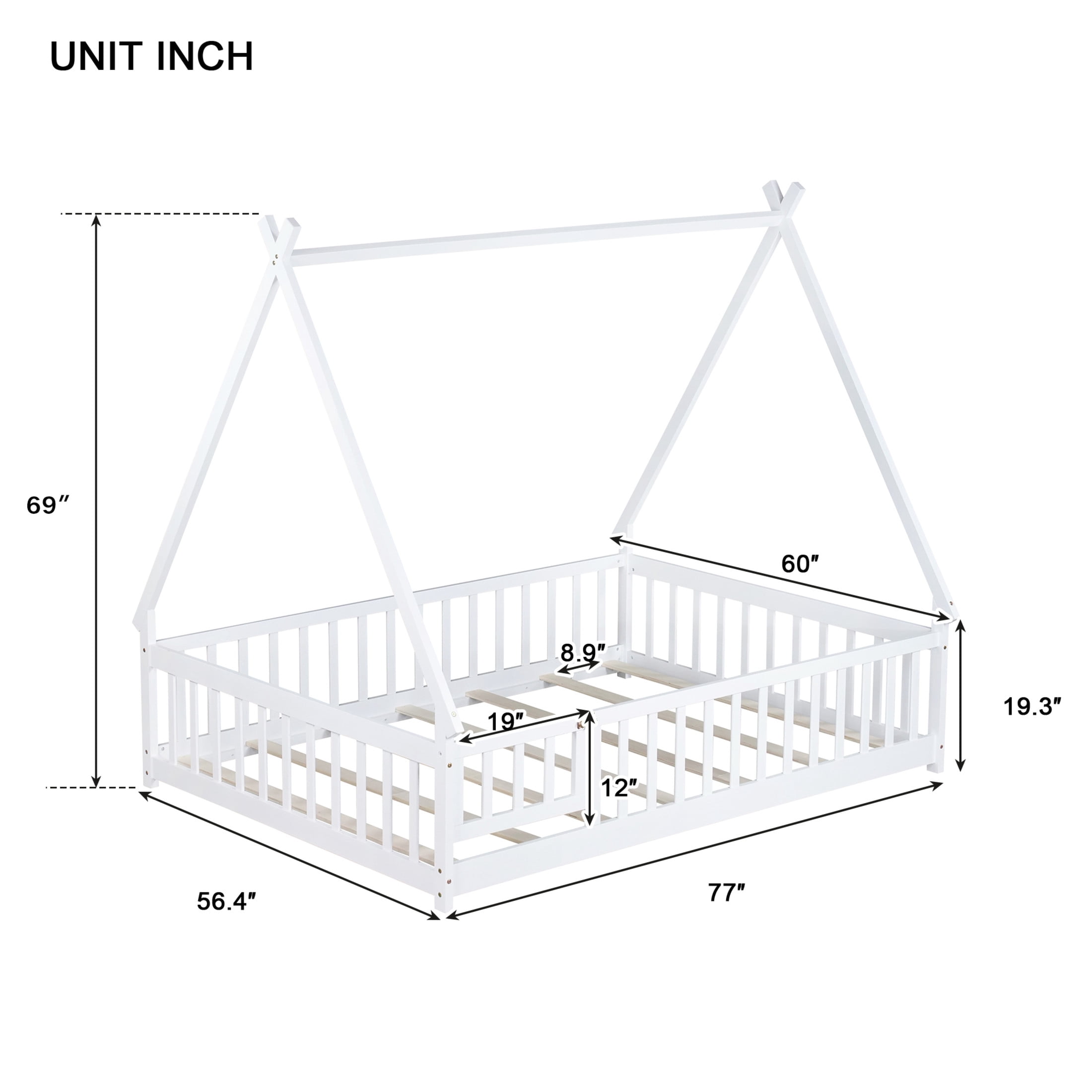 Noble House Misty Full Teepee Floor Bed with Safety Fence and Door, Solid Rubber Wood Tent Bed, Kid's Room, White