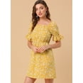 thumbnail image 4 of Vestido Floral Por Encima De La Rodilla Con Cintura Elástica Y Cuello Cuadrado Con Mangas Abullonadas Para Mujer Amarillo XS, 4 of 6