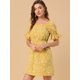 thumbnail image 4 of Vestido Floral Por Encima De La Rodilla Con Cintura Elástica Y Cuello Cuadrado Con Mangas Abullonadas Para Mujer Amarillo M, 4 of 6