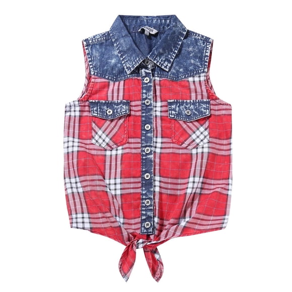 Bienzoe Débardeur Décontracté en Denim à Carreaux Rouge/noir pour Fille, Taille 12