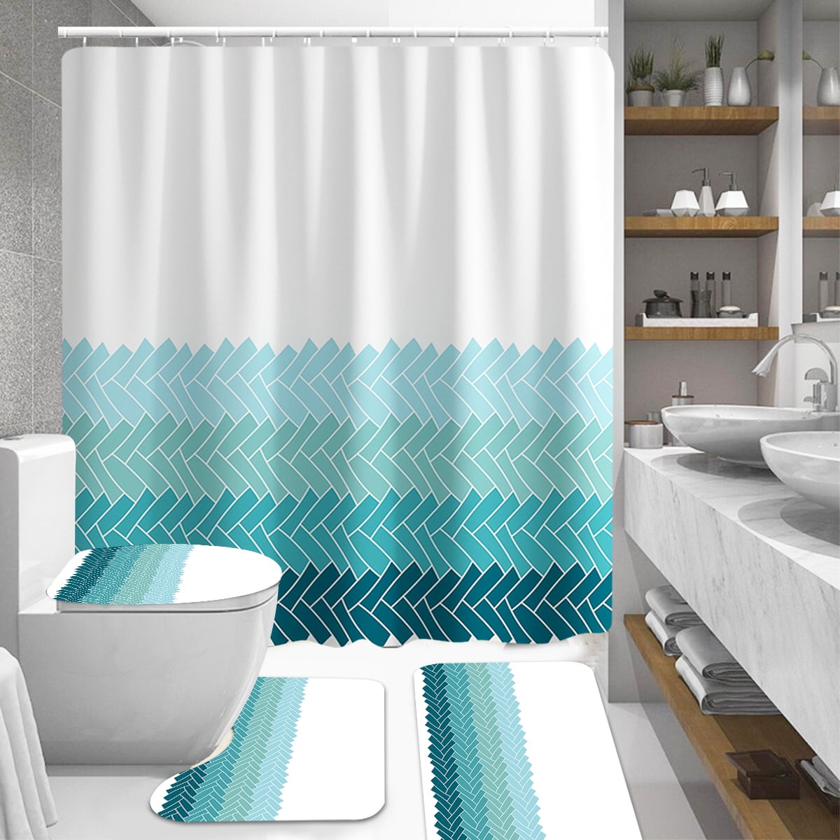 Seashell Bathroom Non-slip Pedestal Rug Toilet Cover Shower Curtain Bath Mat Set 