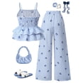 thumbnail image 5 of Ymyiu Summer Travel Outfits for Girl Toddler Baby Girl Clothes Summer Outfits Cute Button Ruffle Camisole Pants Set Size 9-10 Years(Light Blue, 9-10 Years), 5 of 7
