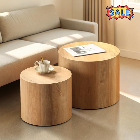 Tcbosik Nesting Coffee Table Set of 2, Modern Coffee Table & End Table, Round Center Table for Living Room, Bedroom, Space Saving, Light Oak