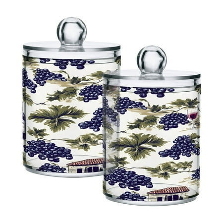 Ryvnso 2 Pack Qtip Holder Organizer Grapes Wine Pattern Bathroom Cotton Swabs Cans Storage Canister