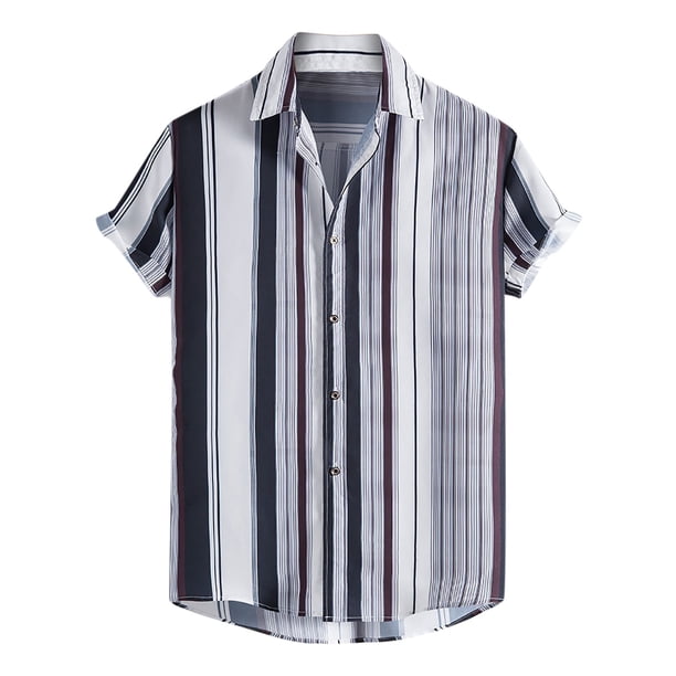 Blusa informal de manga corta con estampado de rayas playeras y botones para hombre Pompotops oipoqjl27790