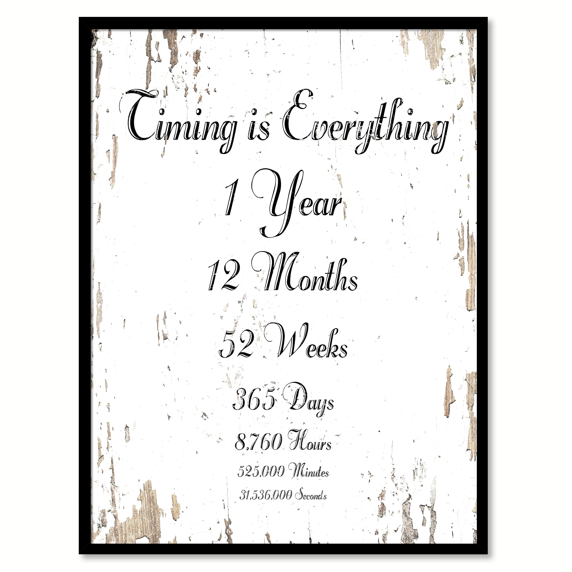 Timing Is Everything 1 Year 12 Months 52 Weeks 365 Days 8 760 Hours 525 000 Minutes 31 536 000 Seconds Quote Saying White Canvas Print With Picture Frame 28 X 37 Walmart Com Walmart Com