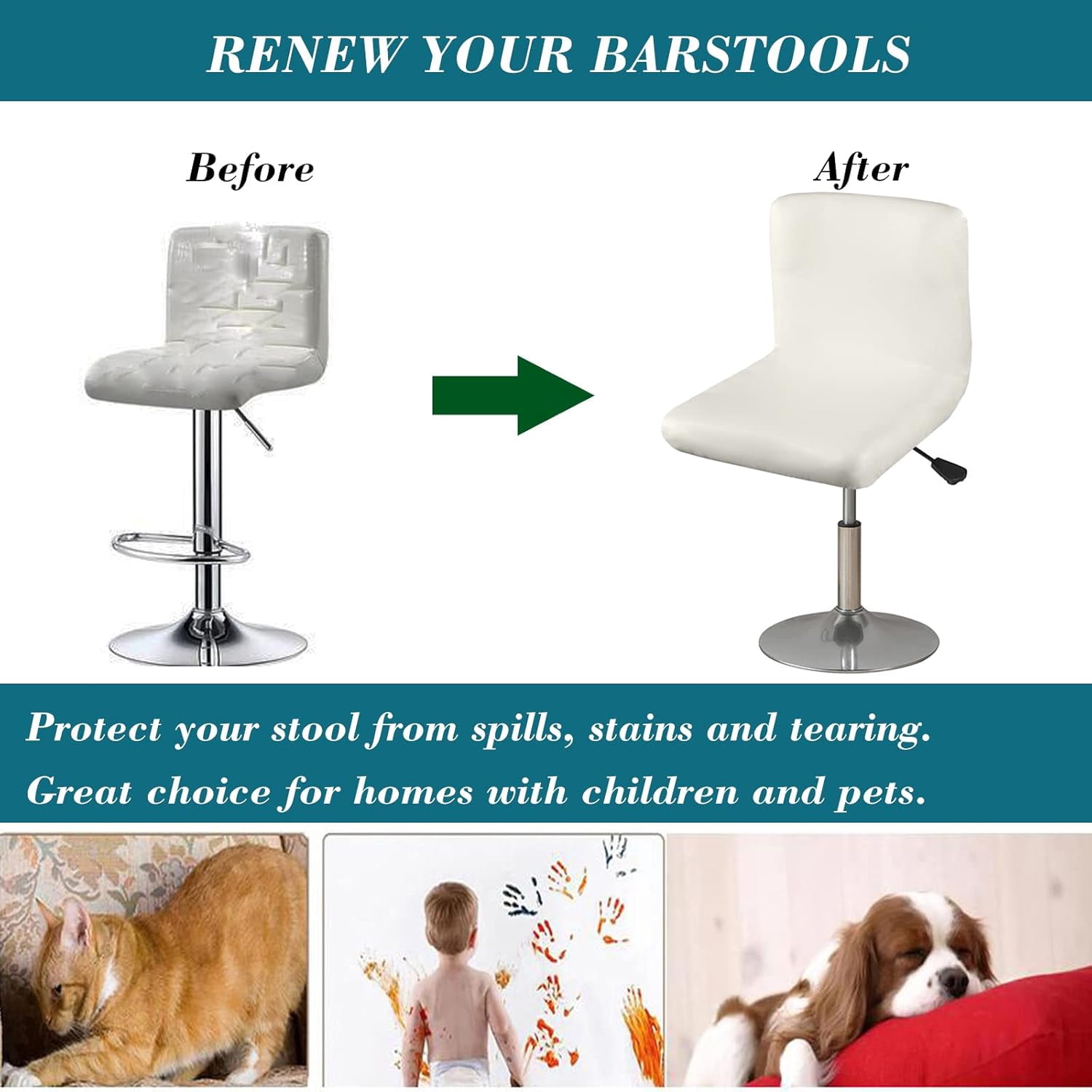 XUELC Waterproof Stretch Bar Stool Covers, 2/4 Pack PU Slipcovers with Back for Low Back Stools