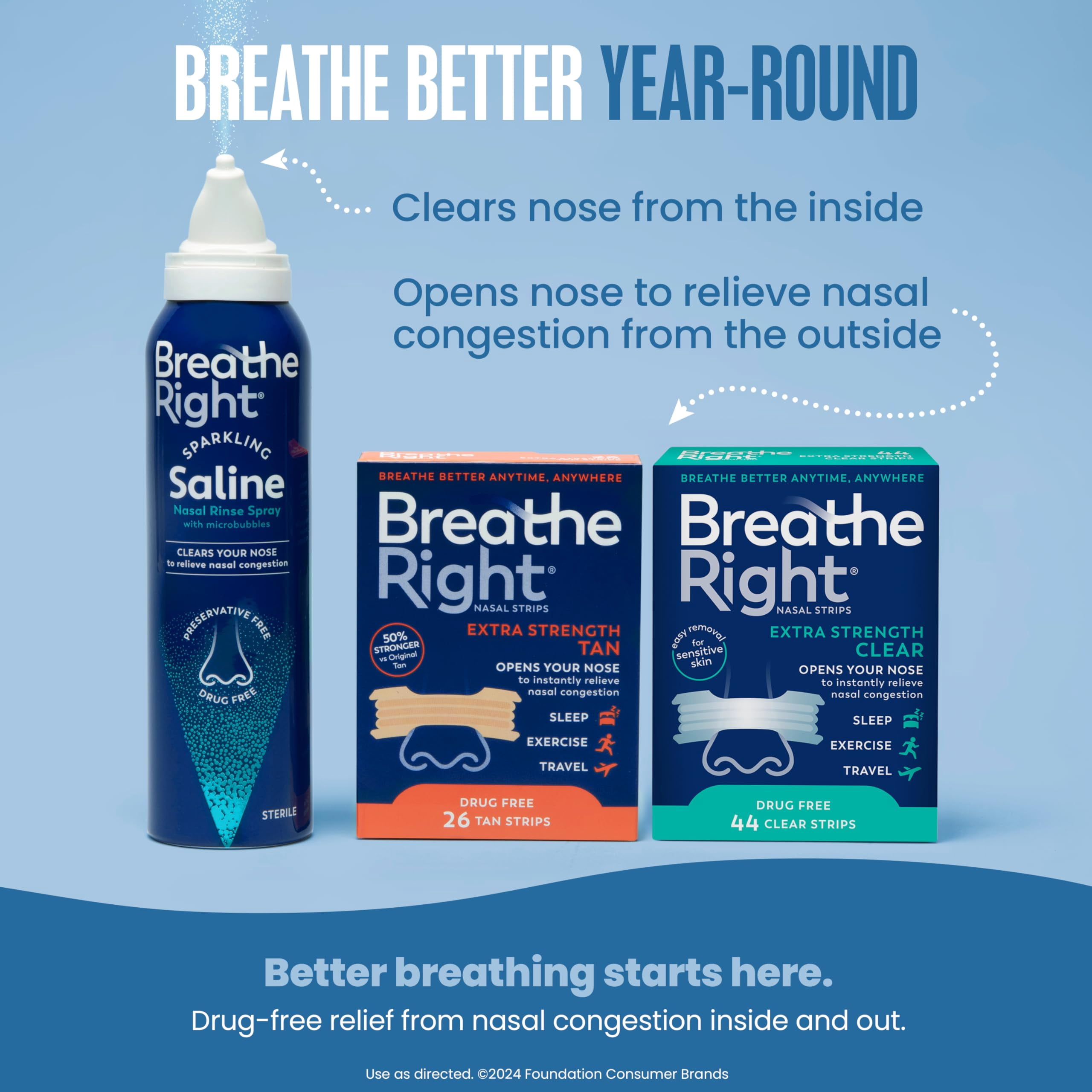 Breathe Right Sparkling Saline Nasal Rinse Spray – Effervescent, Drug-Free Relief from Stuffy Nose Due to Cold or Allergy, 1 Can, 4 oz