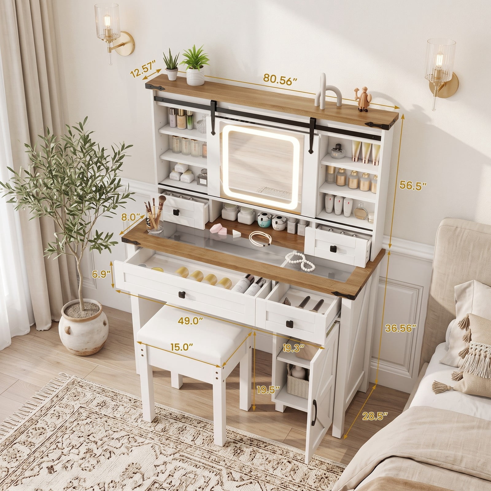Furnibear Farmhouse Makeup Vanity Desk with 3 Color LED Sliding Mirror and 4 Drawers and Side Cabinet and Padded Stool, White
