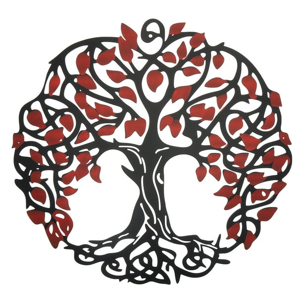 Uxcell Decoración de Pared de Metal en Forma de Árbol, Escultura de Pared del Árbol de la Vida, Adorno de Pared Colgante, Rojo y Negro