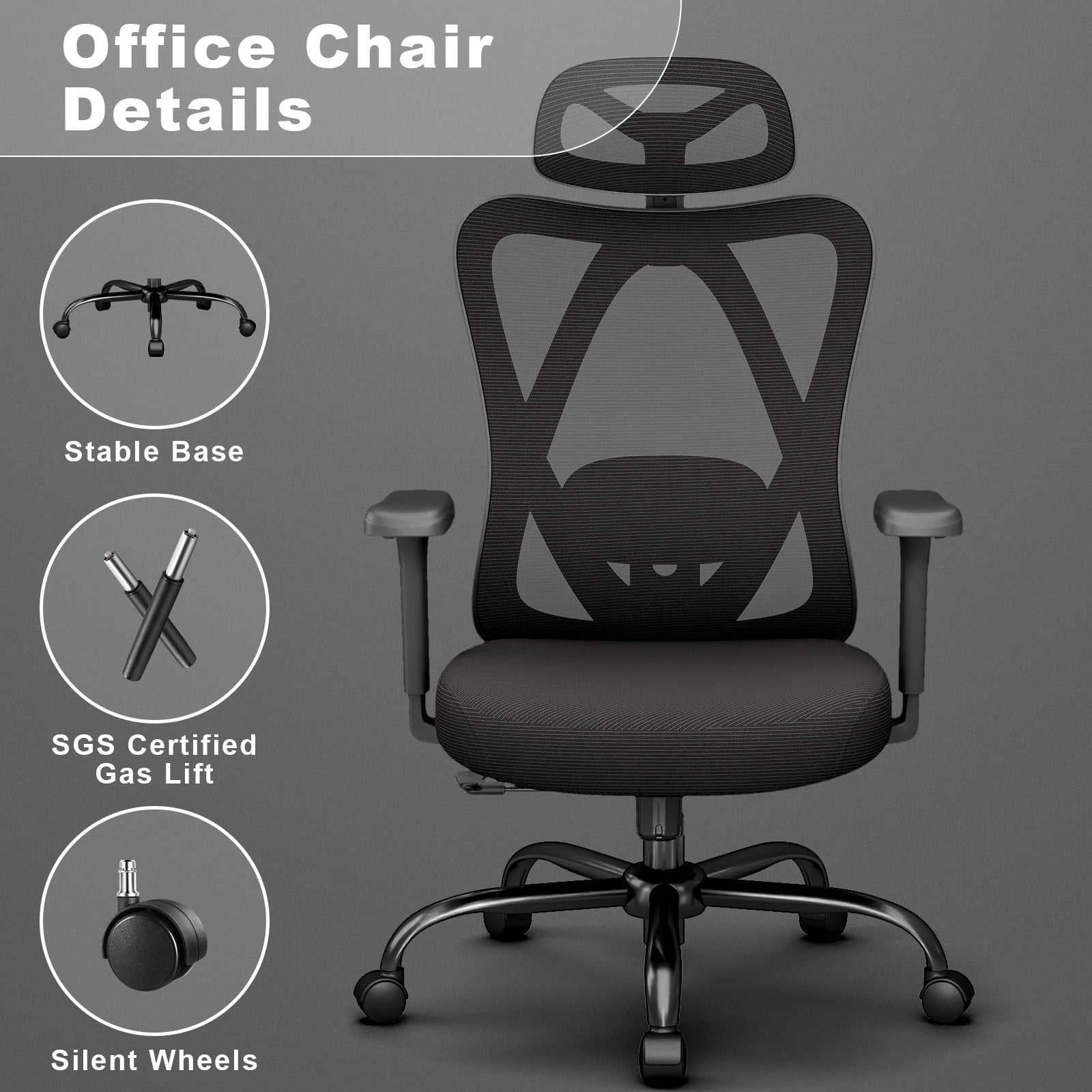YERAIRR Highback  Mesh Office Chair with Adjustable Headrest, Lumbar Support, and 3D Armrests Ergonomic Swivel Task Chair  Black
