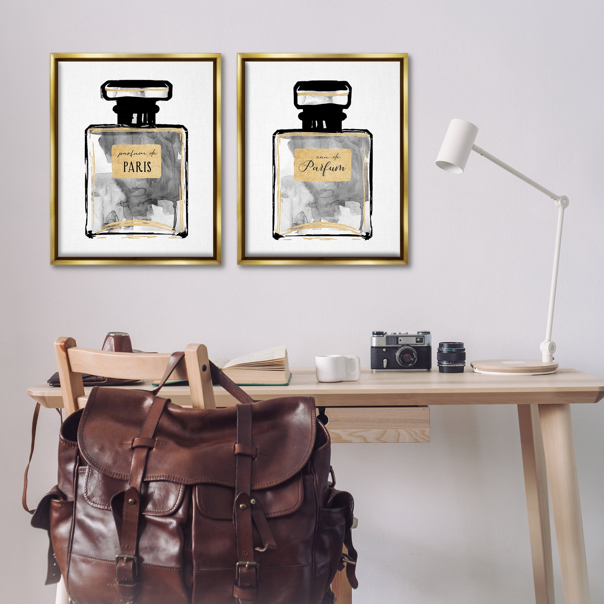 Stupell Industries Gray Gold Parfum Bottle Fashion Painting Gold Floater Framed Canvas Art Print Wall Art, 31 x 25, Set of 2