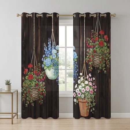 Flowers Sheer Curtains 90 Inch Long 2 Panels Spring Red Blue Pink Floral Flowerpot Brown Wood Grain Light Filtering Semi Sheer Drapes Grommet Voile Window Curtain for Living Bedroom W52 x L90