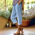 thumbnail image 2 of ClodeEU Women's Linen Blend Capri Pants,Casual Rolled Cuff Cropped Pants with Pockets Light Blue,Women's Plus M, 2 of 9