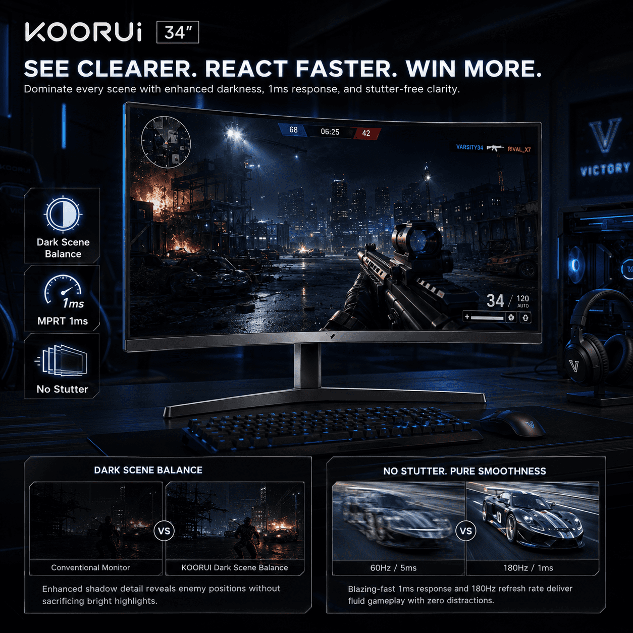 KOORUI 34''  WQHD Curved Gaming Monitor, 180Hz Ultrawide Monitor, 3440×1440p 1ms(MPRT) HDR400, Black