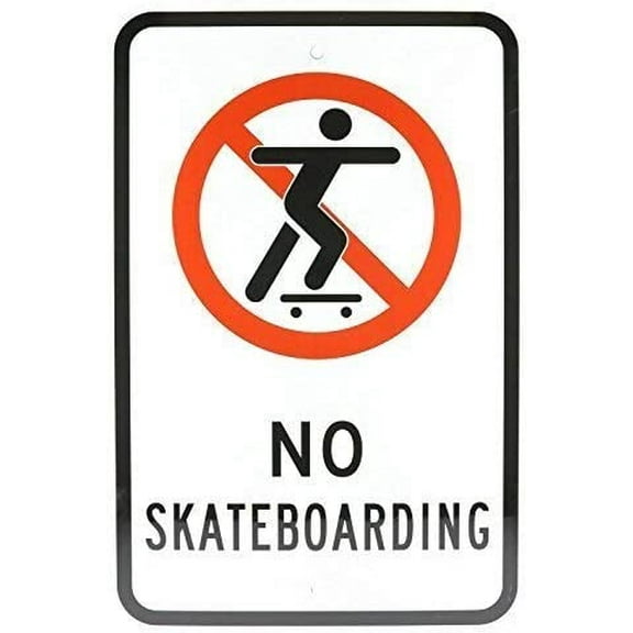 Warning Caution Metal Sign Aluminum Sign, Legend No Skateboarding with Graphic, 8" X 12" inch, Black/Red on White