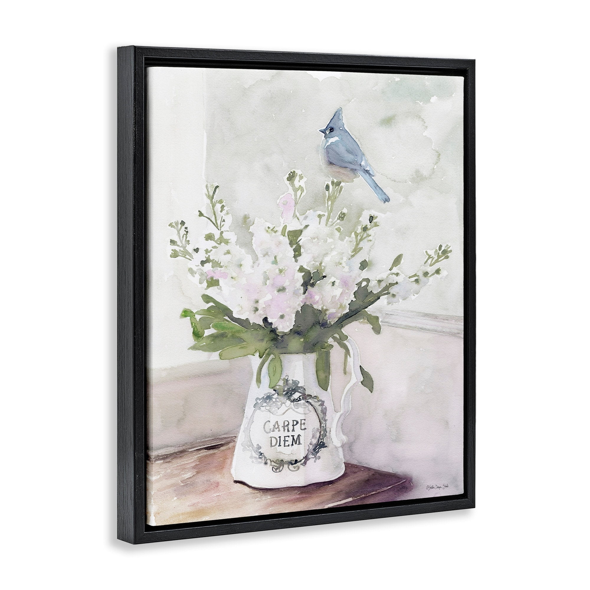 Stupell Industries Blue Cardinal on Spring Bouquet Carpe Diem Watercolor Jet Black Framed Floating Canvas Wall Art, 24x30, by Stellar Design Studio