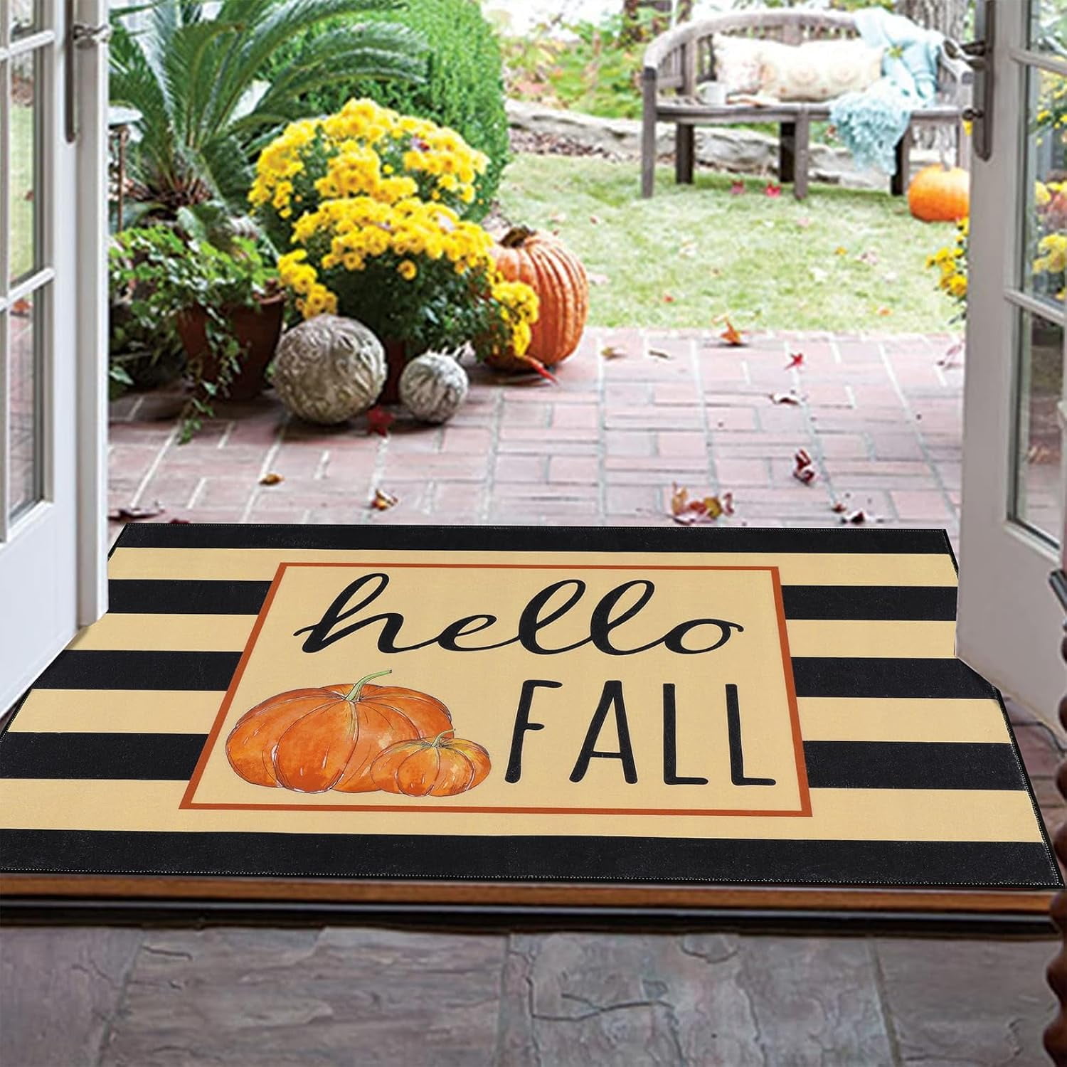 HEBE Fall Door Mat 20"x32" Non Slip Pumpkin Welcome Doormat Buffalo Plaid Doormats for Autumn Harvest Thanksgiving Farmhouse Large Entrance Doormat Low Profile Floor Carpet Mat Washable