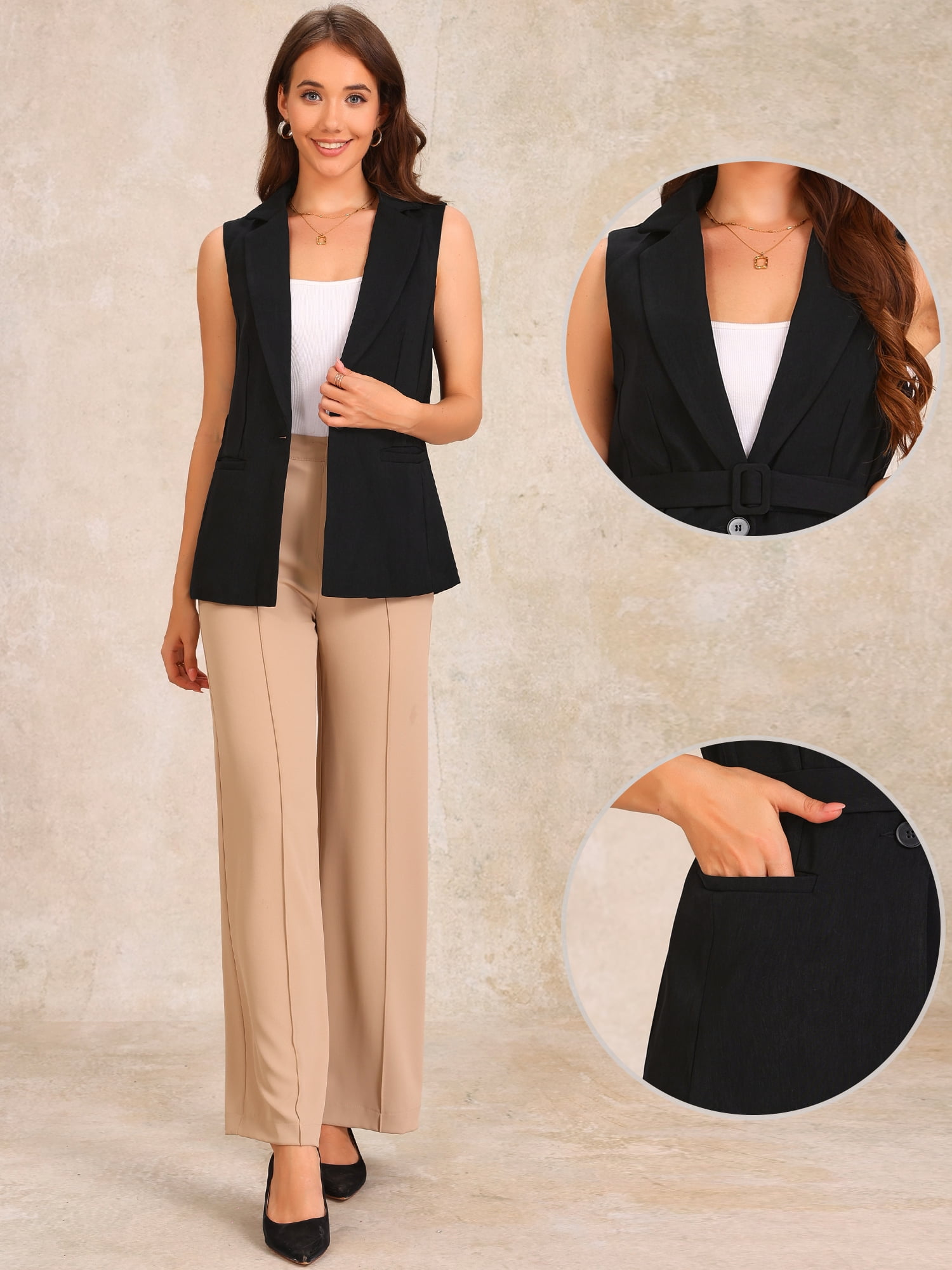 DARING DIVA Women's Button Up Belted V Neck Sleeveless Waistcoat M Black