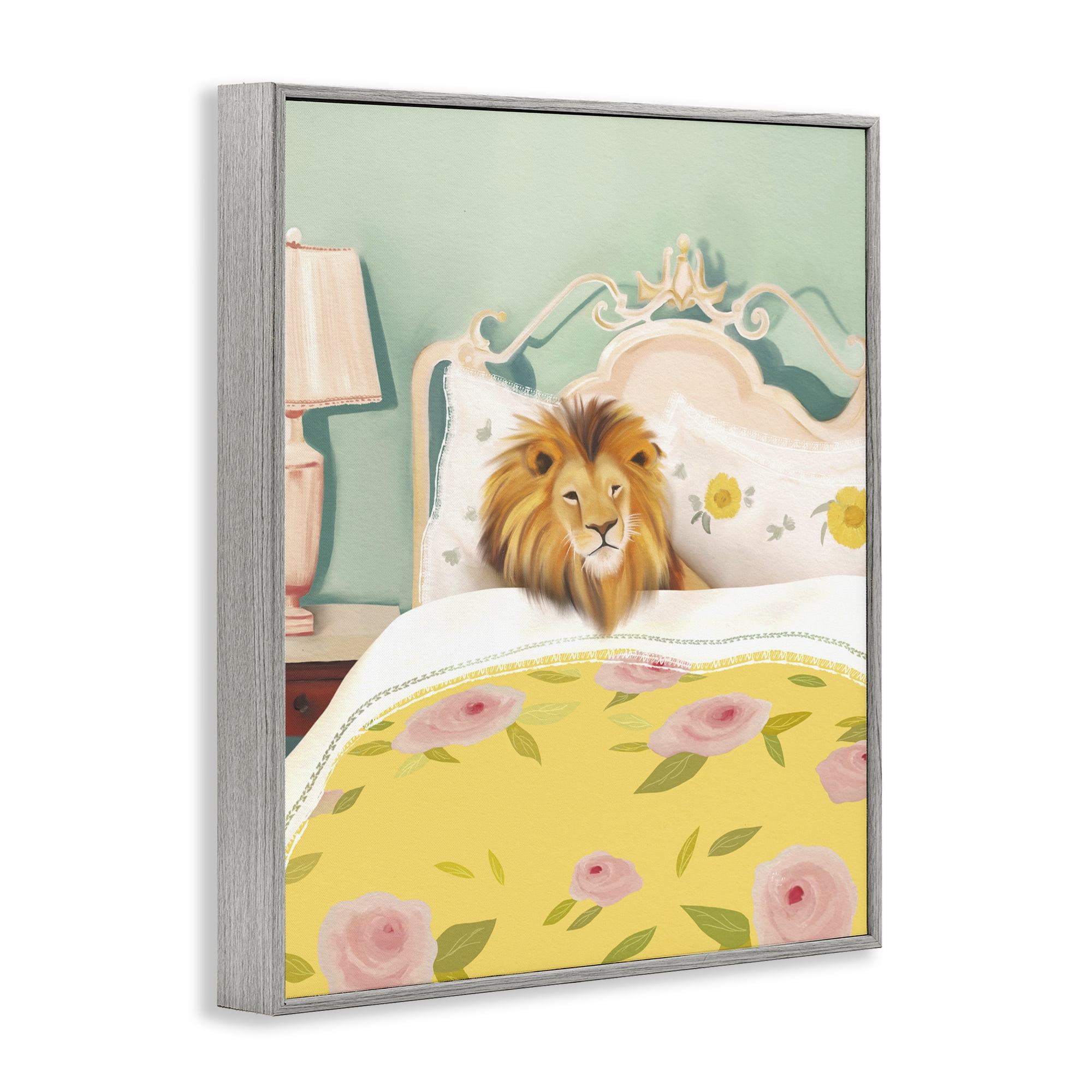 Good Morning Lion in Bed Gray Framed Giclee Art, design by Leah Straatsma