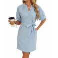 thumbnail image 5 of Women'S Solid Color Casual V-Neck Tie Waist Short Sleeve Dress Midi Summer Shift Dress Blue L, 5 of 9